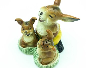 Adorable Anthropomorphic Smiling Bunnies Salt and Pepper Shakers and jam Pot. Vintage Kitchen Decor.