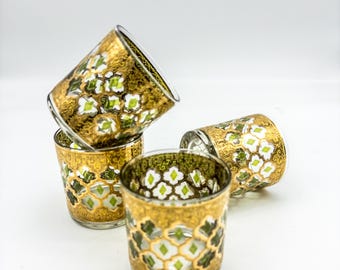 4 Gorgeous Gold and Green Culver Valencia Pattern Rock Glasses, Old Fashioned Glasses 22 Karat Gold with Green Underlay MCM Lo-Ball Glasses