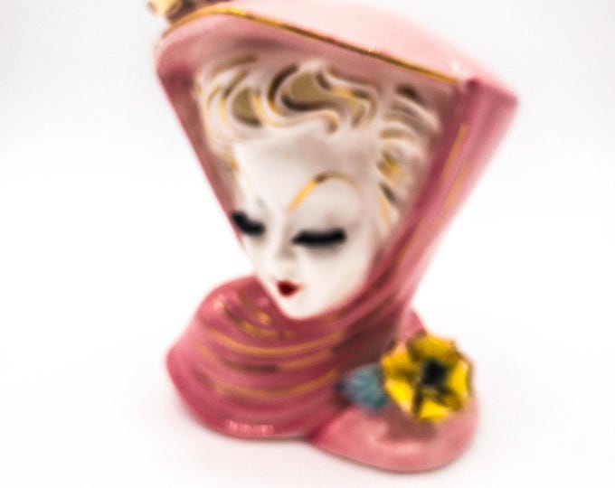 Vintage  Mid Century Lady Head Vase in Elegant Pink with Gold Accents and Flowers  on her hat and shoulder