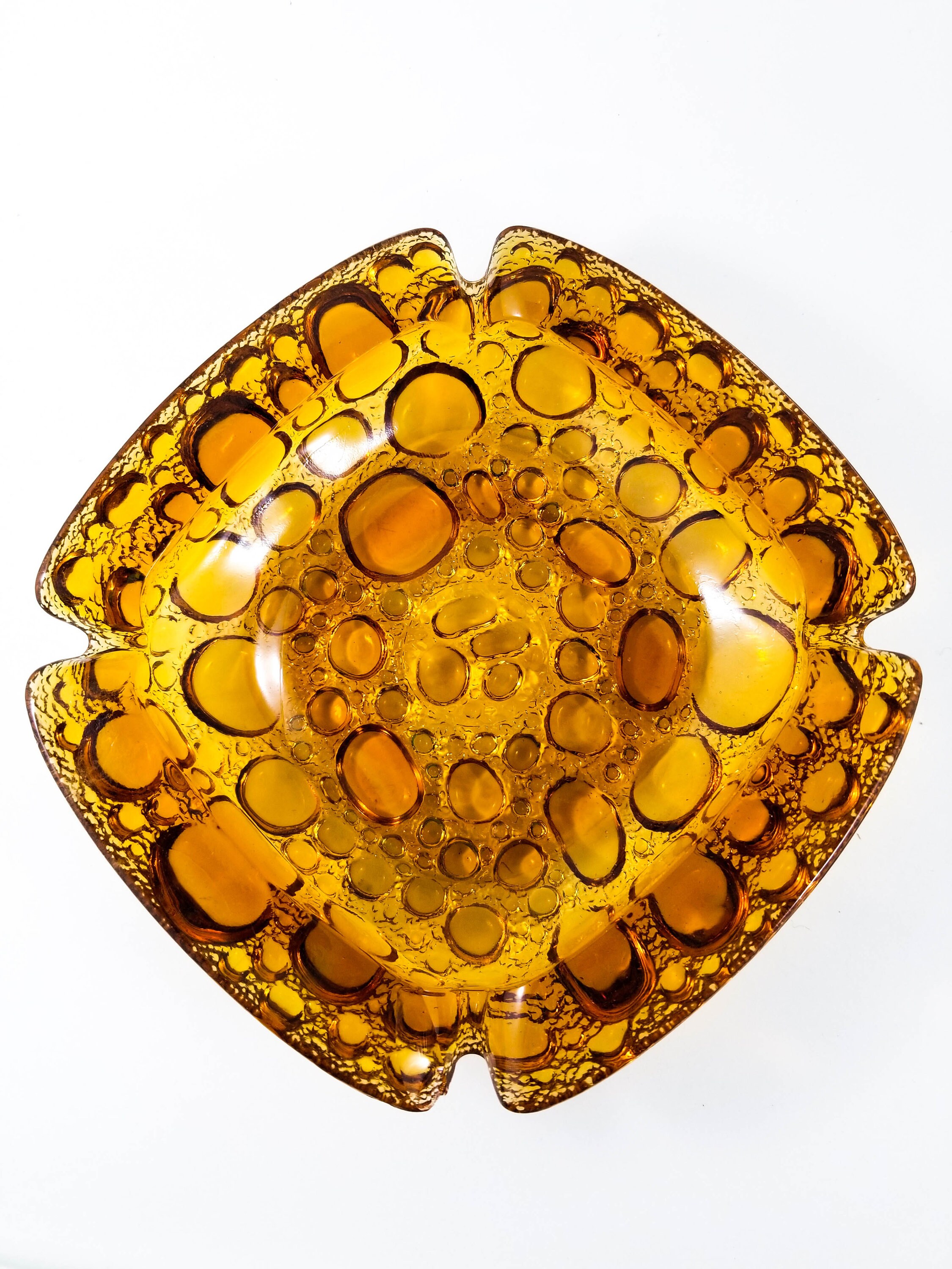 Fabulous Square Amber Bubble Glass Blenko Ashtray/Trinket Dish Large