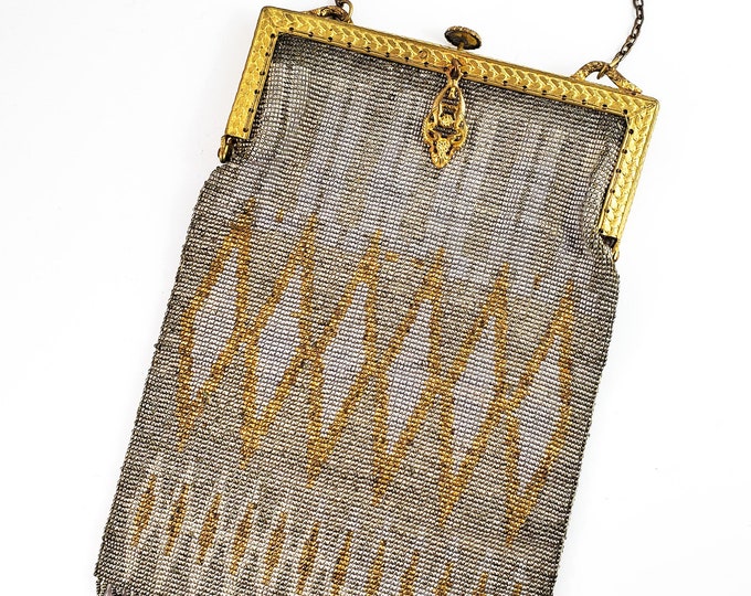 Magnificent Antique Gold, Silver and Bronze micro Bead Evening Bag w/ Brass strap/Antique Deco Handbag Kiss Lock- Embossed garland Frame