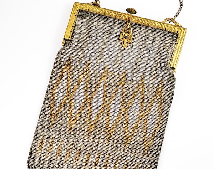 Magnificent Antique Gold, Silver and Bronze micro Bead Evening Bag w/ Brass strap/Antique Deco Handbag Kiss Lock- Embossed garland Frame