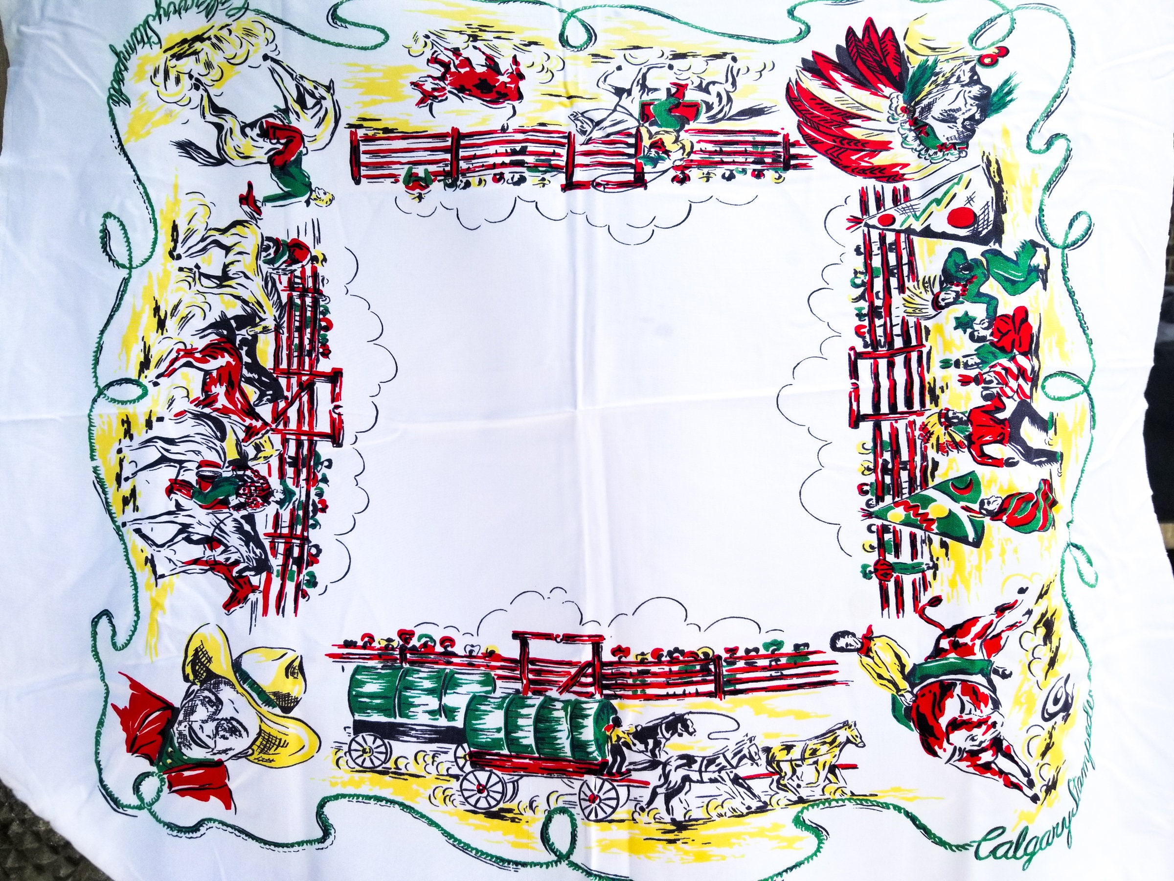 1950's Country Cowboy Square Cotton Tablecloth Calgary Stampede Rodeo Motif