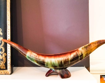 Incredible Mid Century Long Horn Motif Drip Glaze Planter in Chestnut and Chartreuse