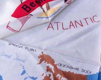 Fabulous 1950's Bermuda Cotton Tablecloth Classic 1950's with Map Fish and Ocean mptif
