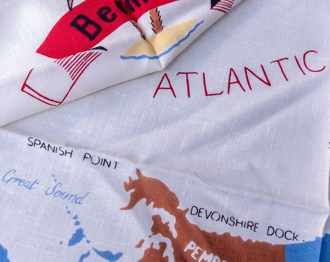 Fabulous 1950's Bermuda Cotton Tablecloth Classic 1950's with Map Fish and Ocean mptif