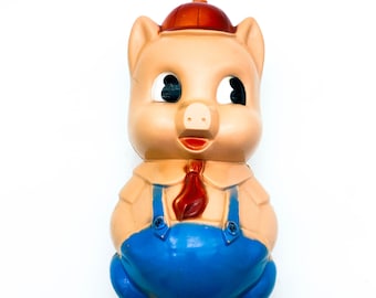 Classic Plastic Piggy Bank in Blue Jumper. Plastic Pig Figurine Bank, Collectible Kitsch Pig