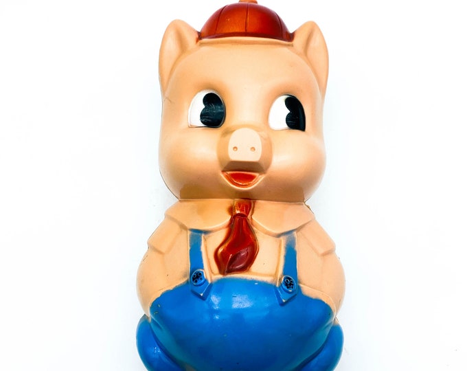 Classic Plastic Piggy Bank in Blue Jumper. Plastic Pig Figurine Bank, Collectible Kitsch Pig