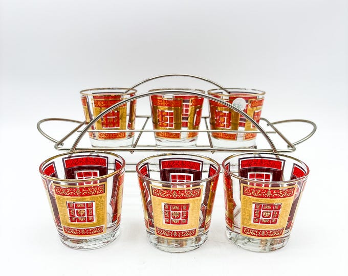 Set of 6 Mid Century Libbey Gilt and Red Mid Century Glasses in caddy Hollywood Regency, gold and red design 6 Lo-Ball Fathers Day