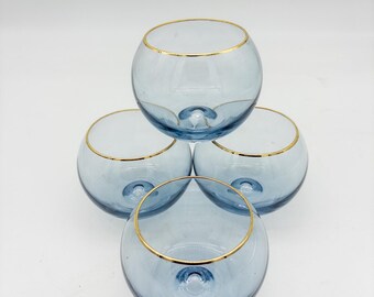 Stunning Set of 4 Mid Century Dorothy Thorpe Style Roly Poly Blue Lo Ball Glasses with Gold Rim