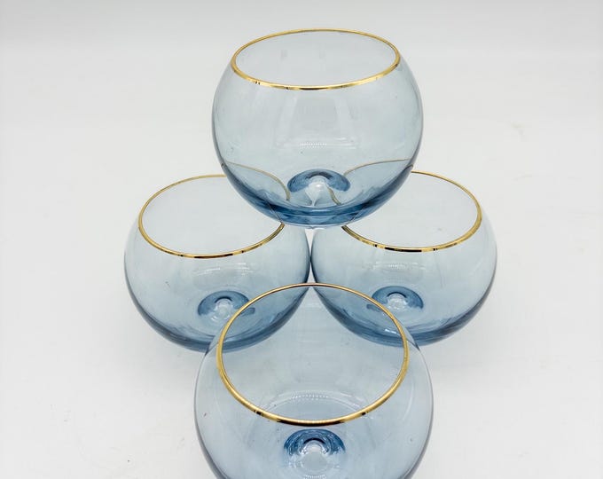 Stunning Set of 4 Mid Century Dorothy Thorpe Style Roly Poly Blue Lo Ball Glasses with Gold Rim