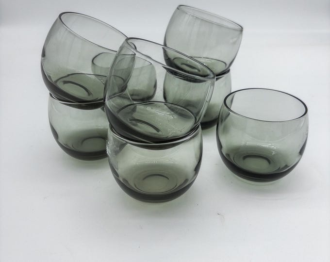 Stunning Set of 6 Mid Century Smokey grey Roly Poly Lo Ball Glasses