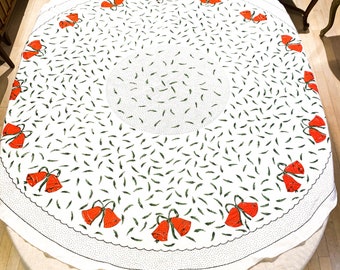 1950's Red Round Xmas Cotton/Polyester Tablecloth with Red Bells and Pine Boughs 54" Round