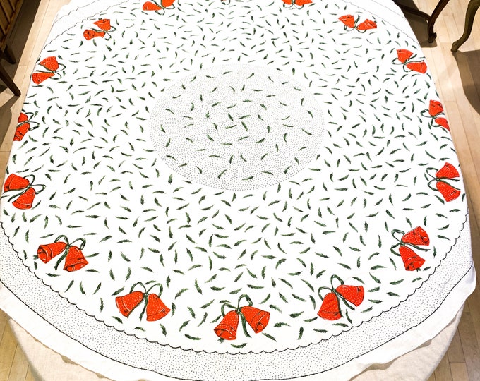1950's Red Round Xmas Cotton/Polyester Tablecloth with Red Bells and Pine Boughs 54" Round