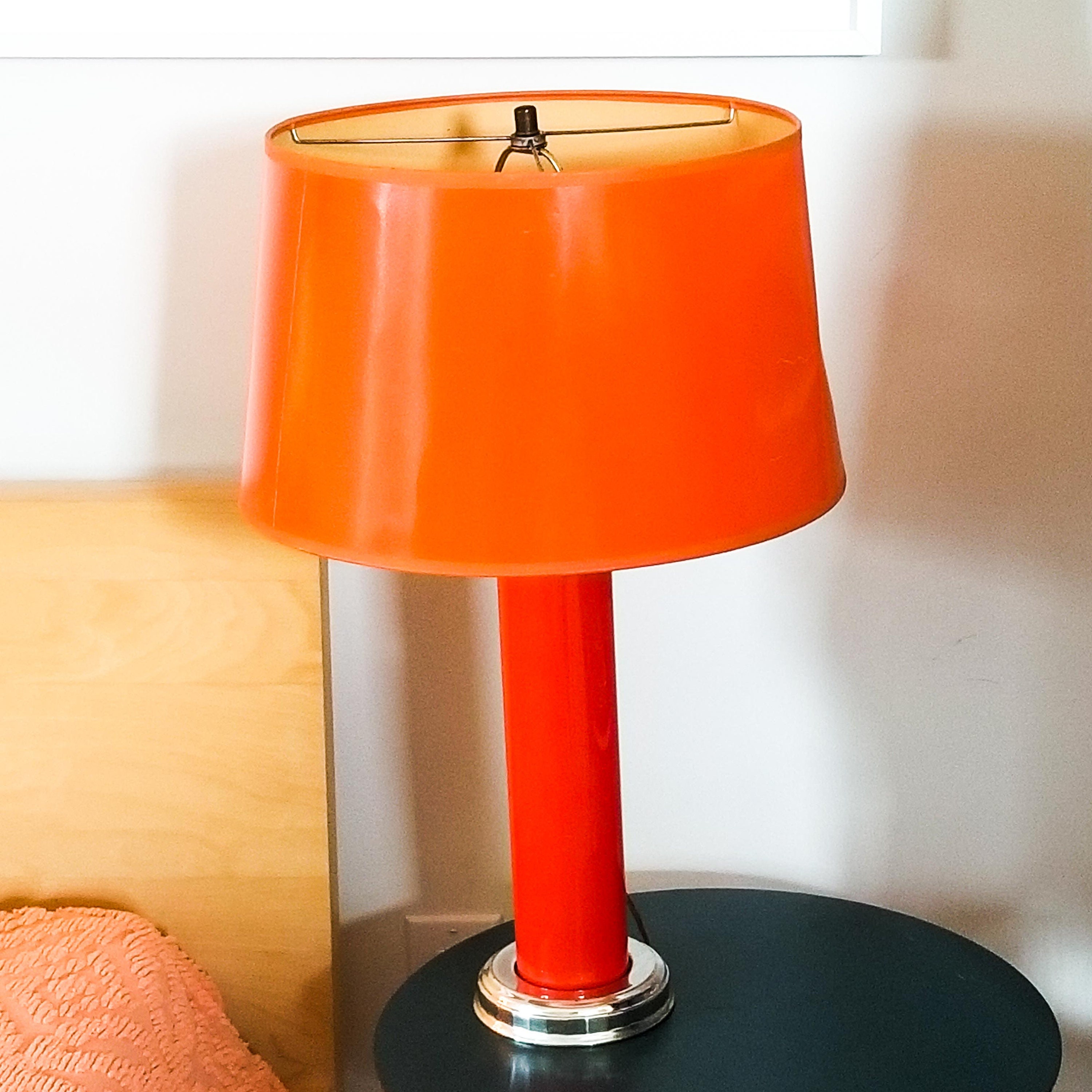 Vintage PAIR of Bright Orange Mid Century Table Lamps with Coated Gloss