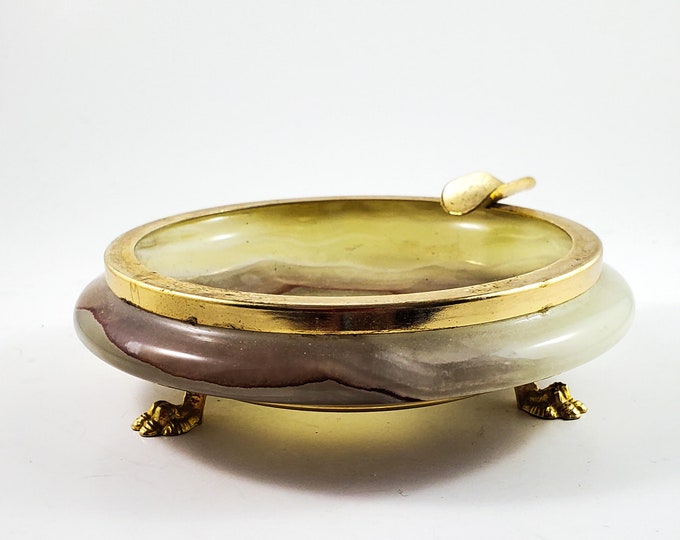 Beauty of a Mid Century round footed stone Ashtray/Trinket Dish with Brass rim and feet