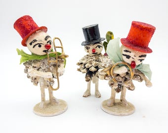 Putz Snowmen Musician Ornaments x 3 Pinecone red Tophat and black tophat Japan