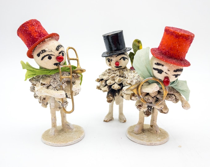 Putz Snowmen Musician Ornaments x 3 Pinecone red Tophat and black tophat Japan