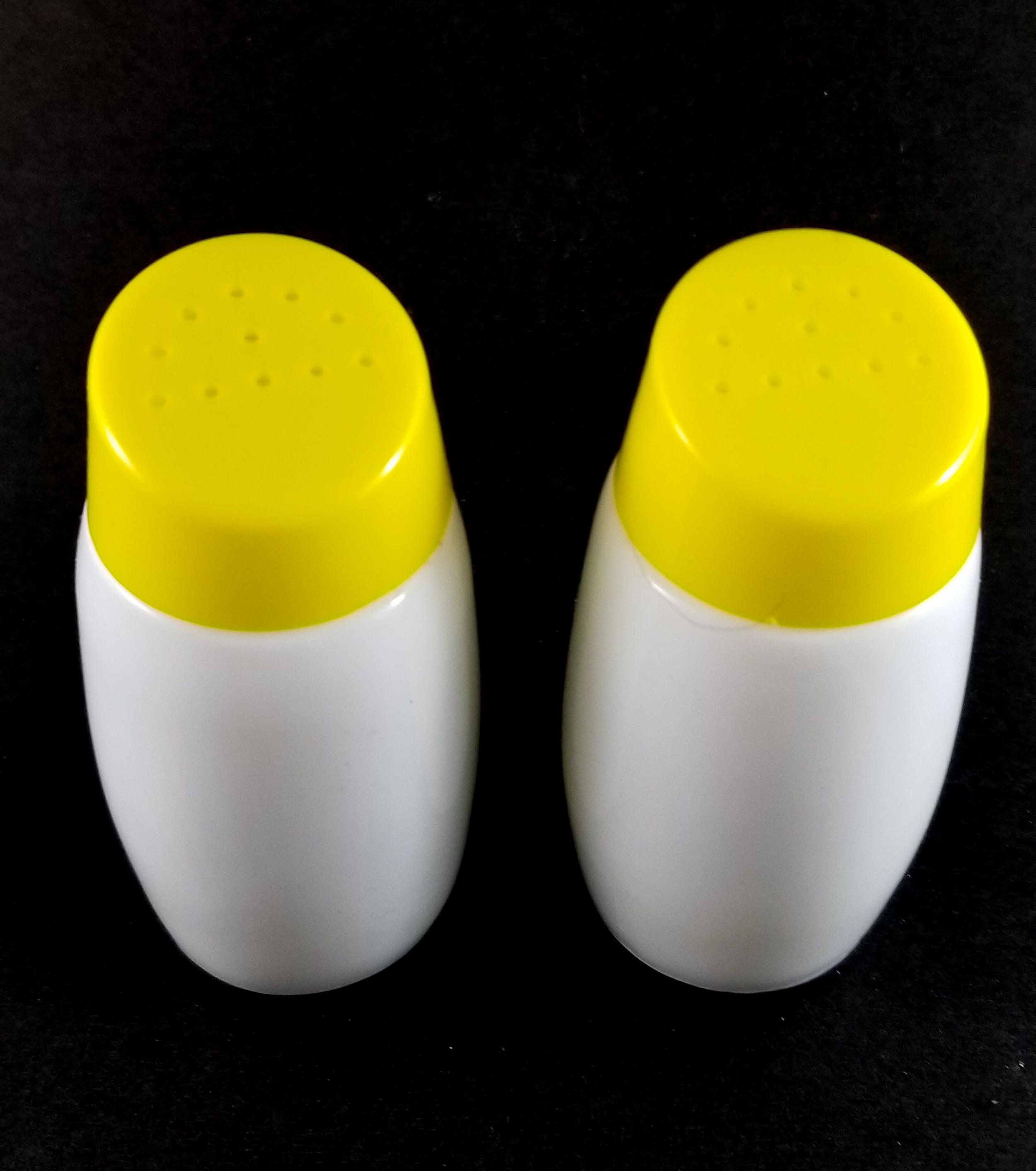 Simple Yellow and White Salt and Pepper Shakers with Stoppers