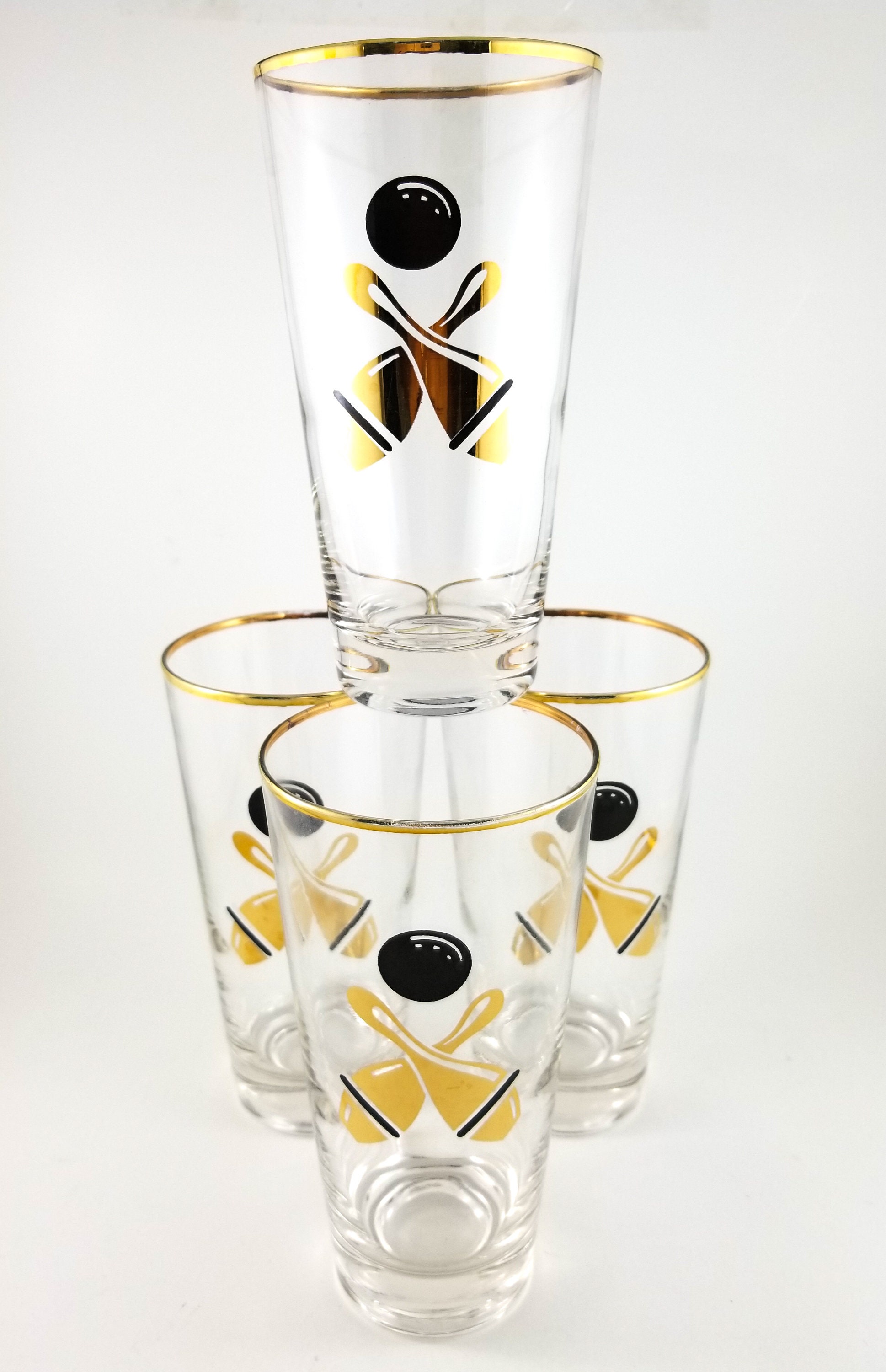 4 GoldRimmed Bowling Themed Drinking Glasses 4 Bowling High Ball Glasses