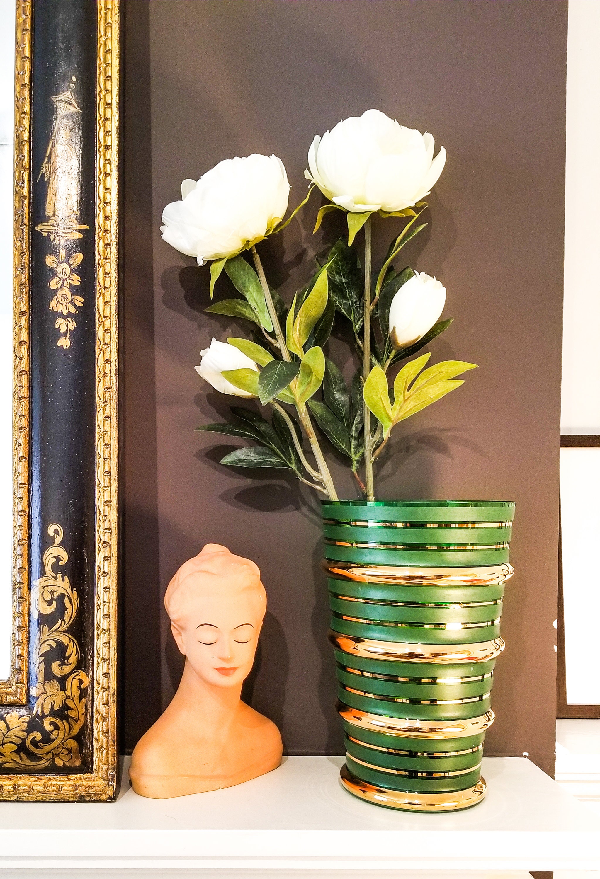 Oversize Green Glass Flower Vase with Gilt Horizontal Stripped
