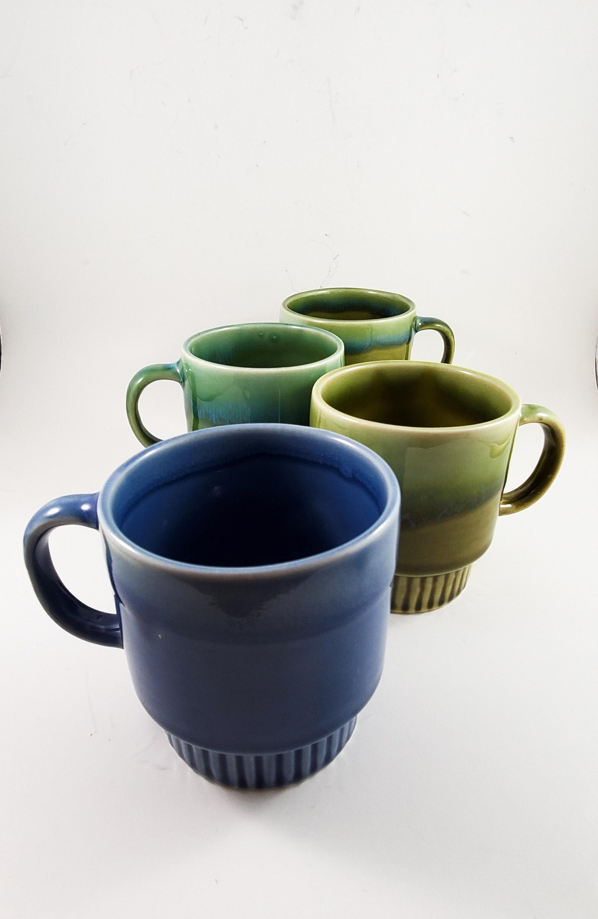 Vintage Green Drip Glaze Coffee Mugs Made in Japan Stackable Ceramic Set Of  Two