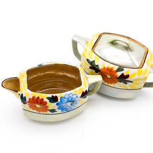 Absolutely Gorgeous Hand Painted Mint Lustre Multi colored Floral Pearlescent Porcelain Creamer & Sugar Set Japan