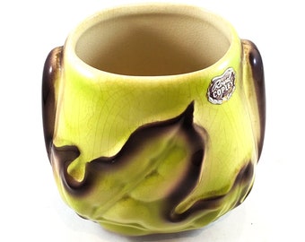 Royal Copley Green Planter with Green and Brown Leaves Vintage Art Deco Ceramic Vase 1950s Mid Century Decor