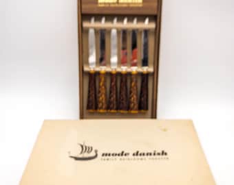 Mode Danish Steak Knives with Faux Horn Handles. Old/New stock in Box