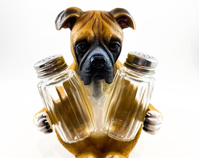 Seated Bull Dog Salt and Pepper Shakers with shakers in dogs paws