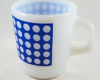 RARE Vintage Blue and White Polka Dot Milk Glass 8oz Mug by Termocrisa c1950s