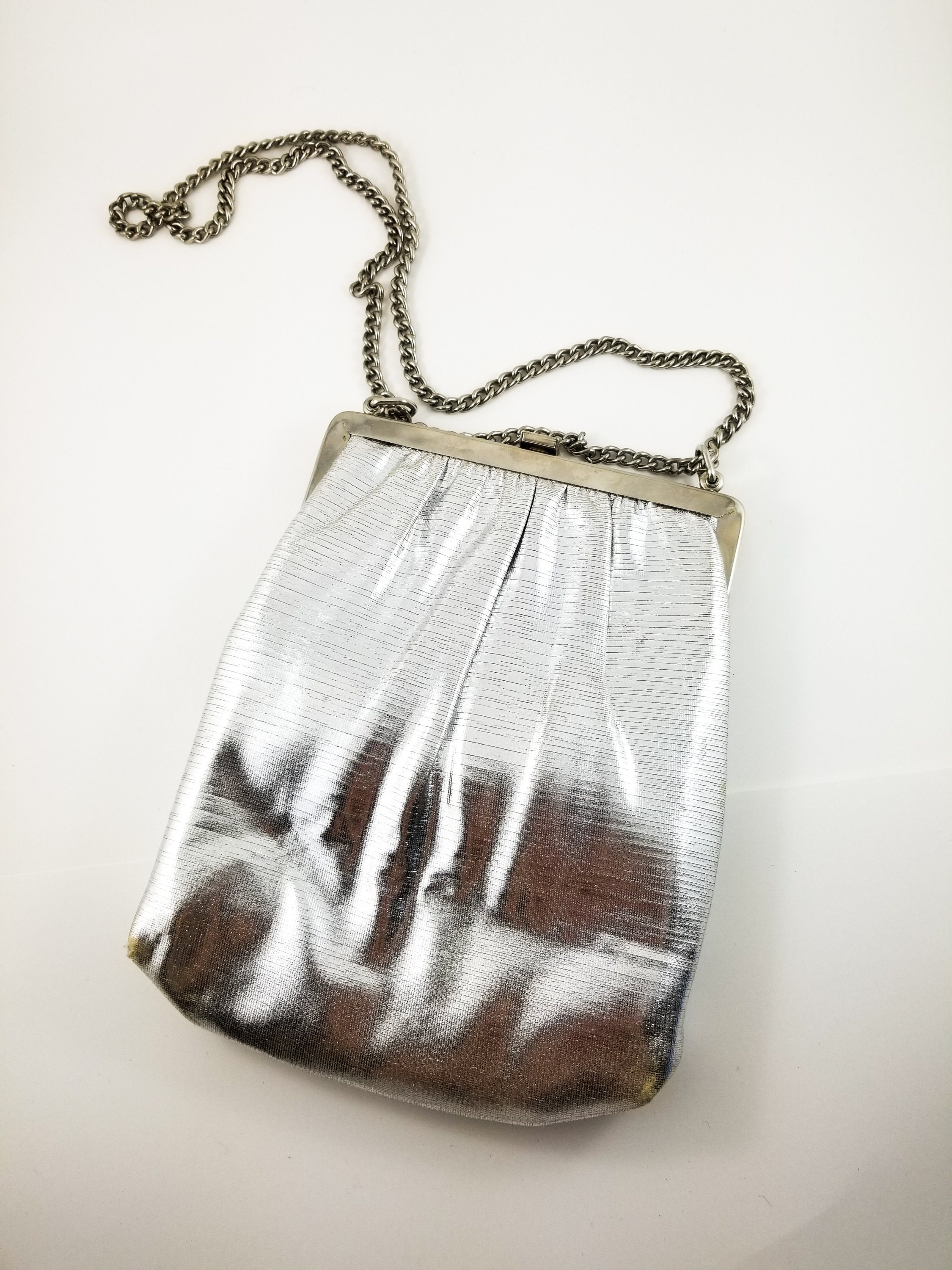 Fantastic Silver Lame Vintage Handbag with Metallic Adjustable Chain