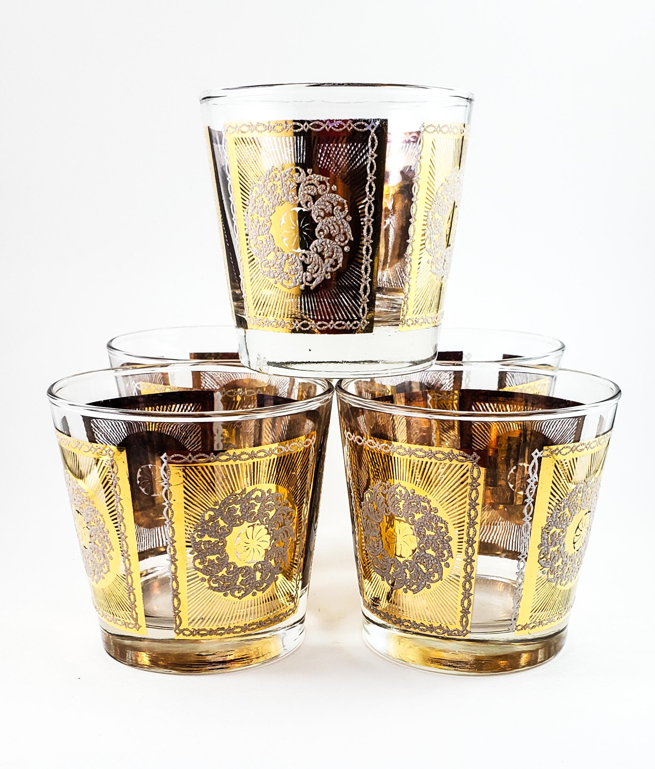 Awesome Vintage Mid Century Gold Embossed Whiskey Glasses with White