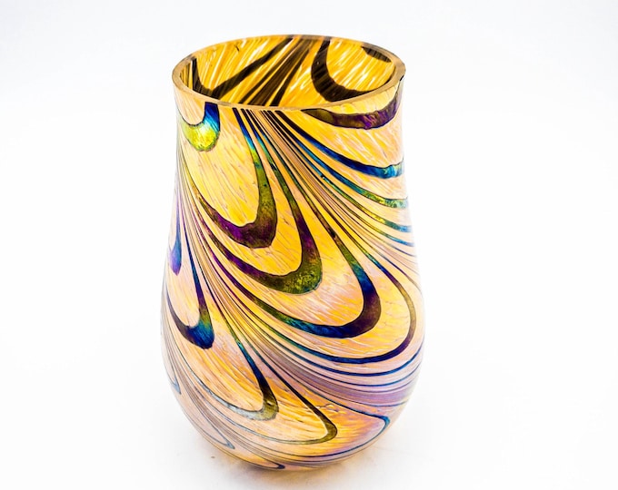 Stunning Swirled Iridescent  Art Glass Vase textured with gorgeous swirls of iridescent purple