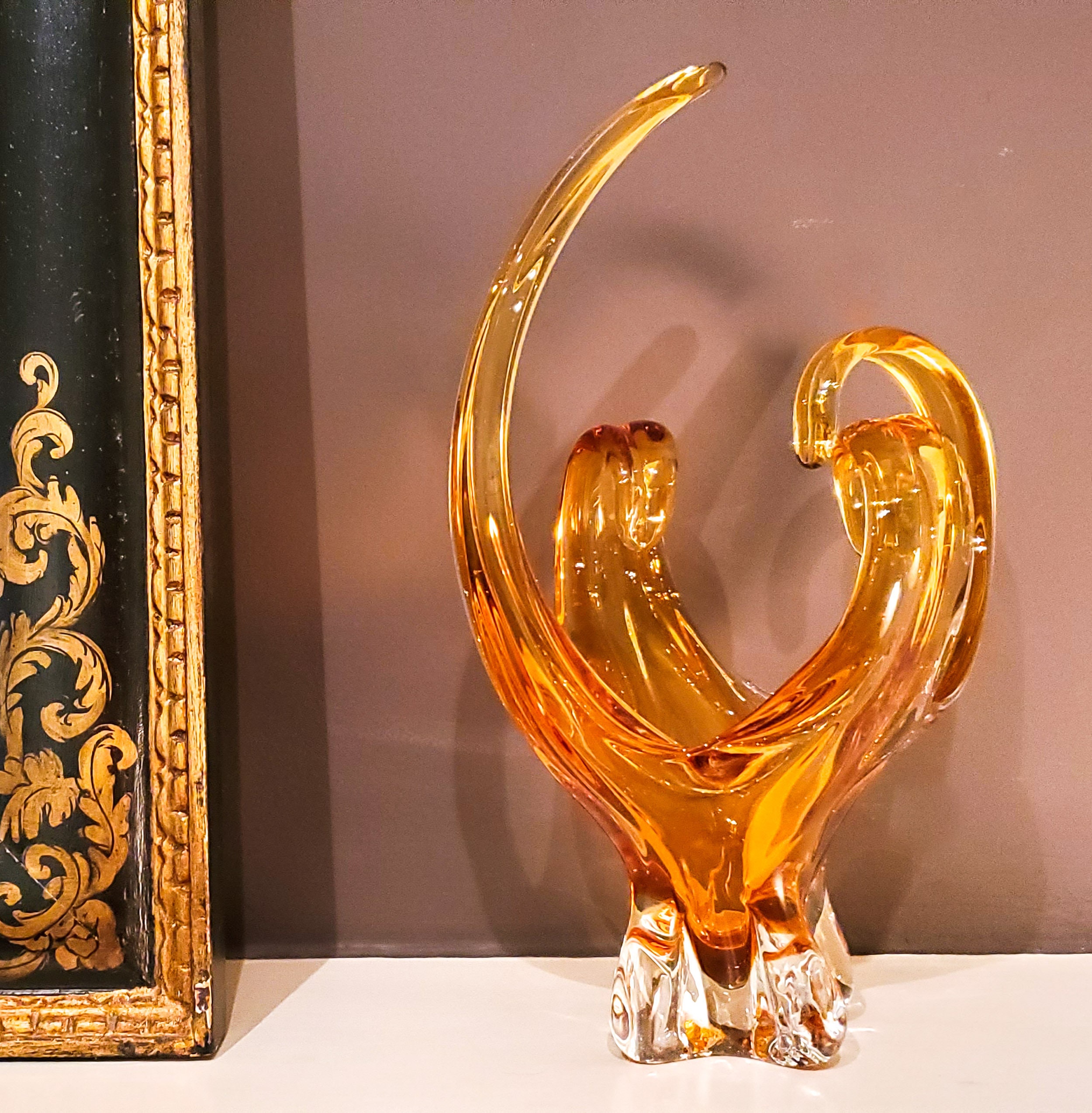 Amber Chalet Glass Basket, Murano Glass, Art Glass Basket