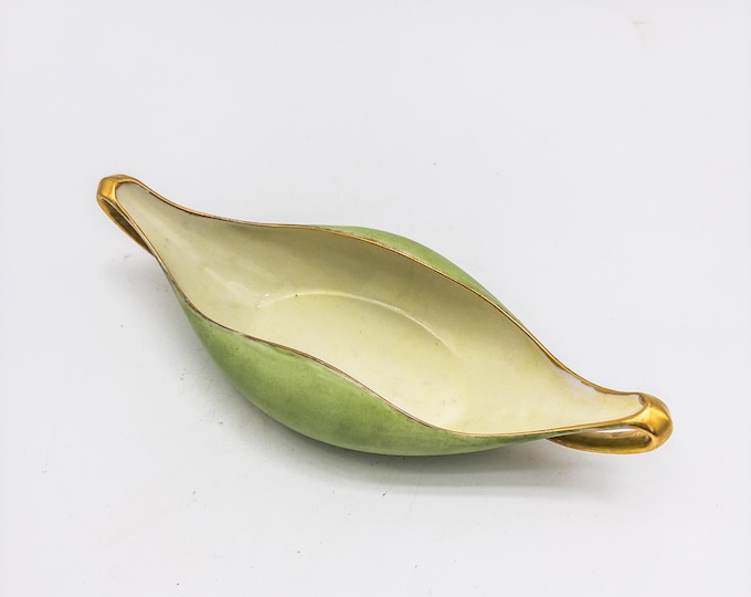 1954 Gorgeous Limoges Porcelain Chartreuse Signed by artist  Trinket Dish with gold trim