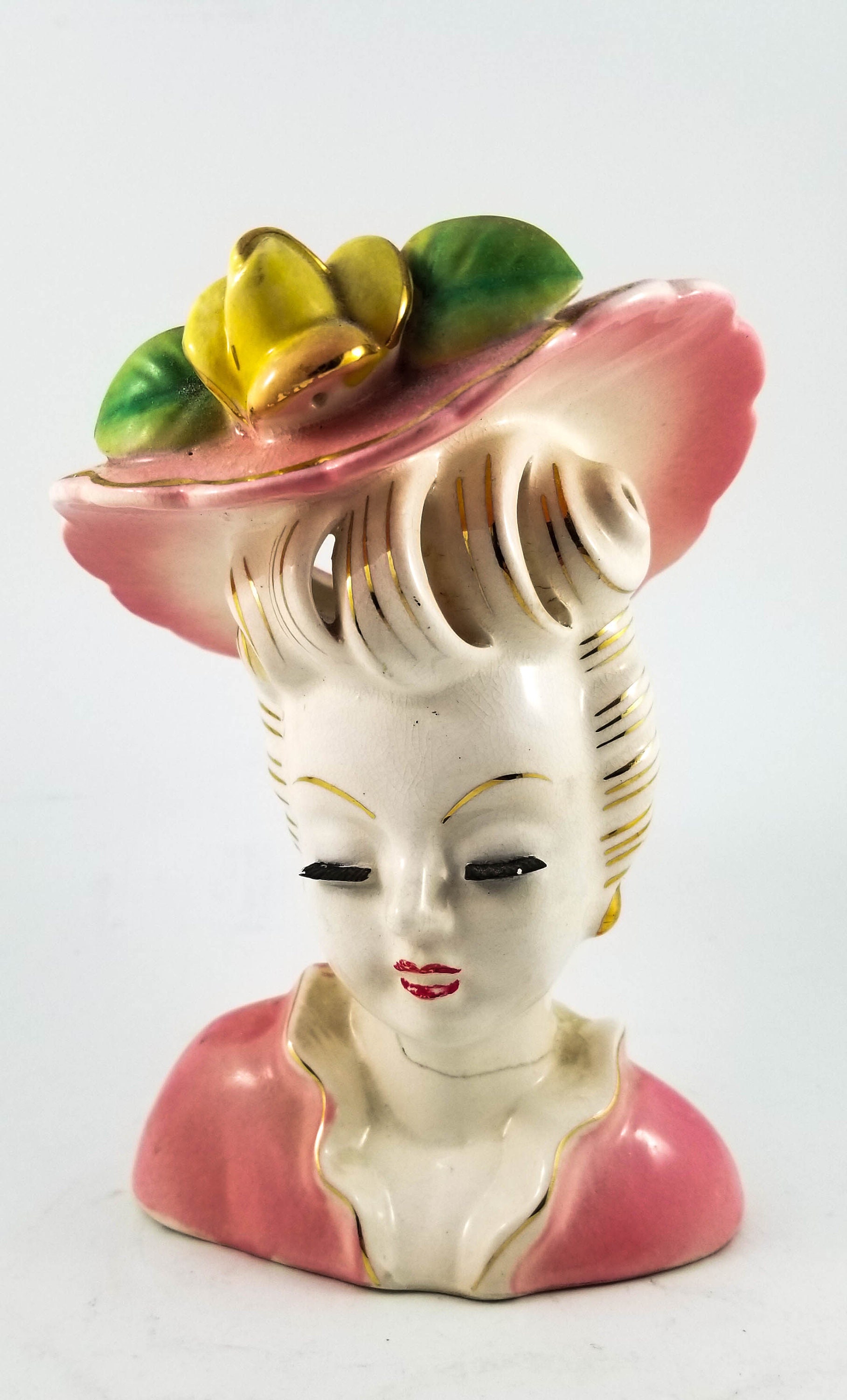 Vintage Mid Century Lady Head Vase with Yellow Rose