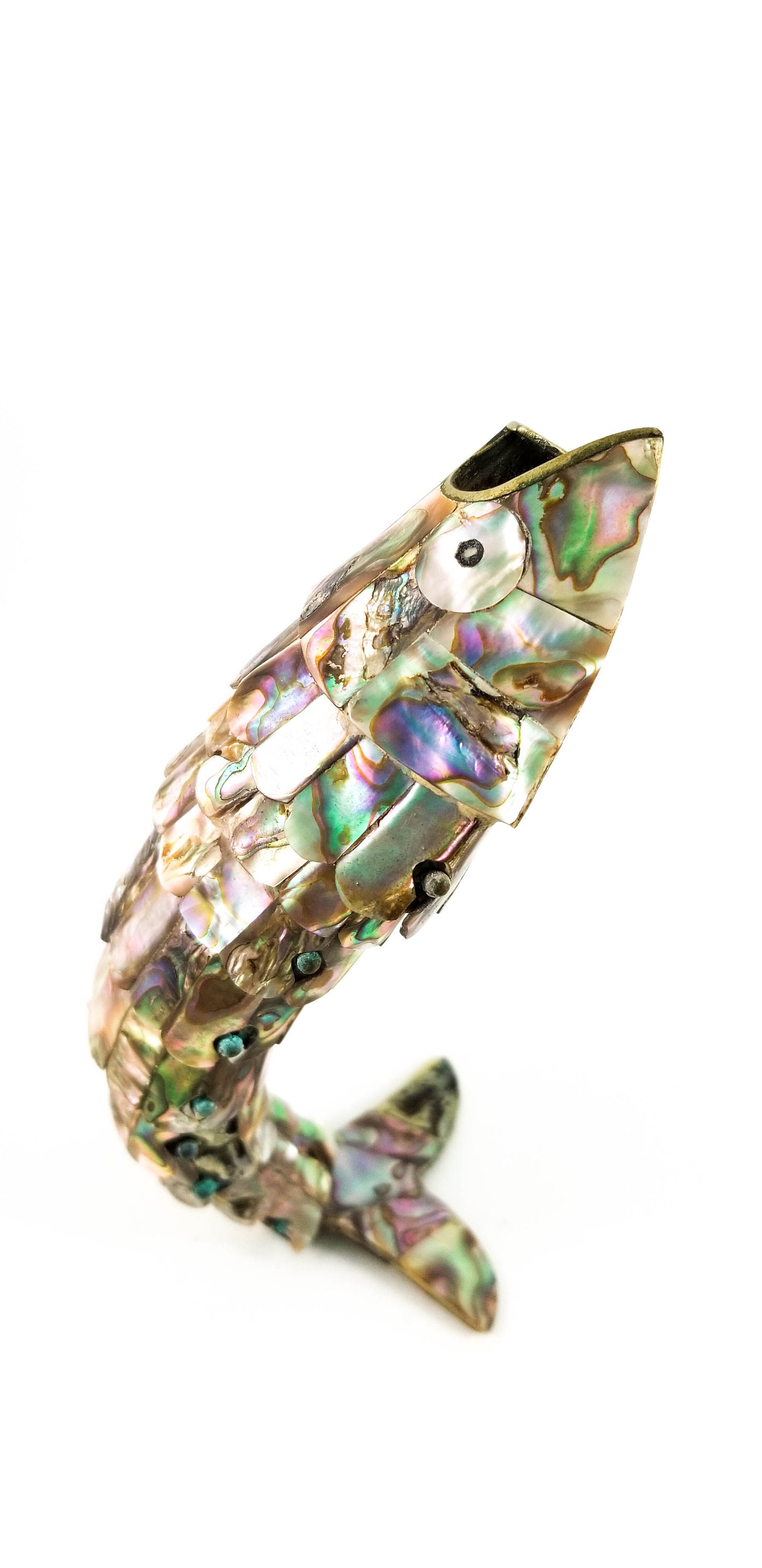 Mid Century Abalone Shell Articulated Fish Bottle Opener, Vintage Large