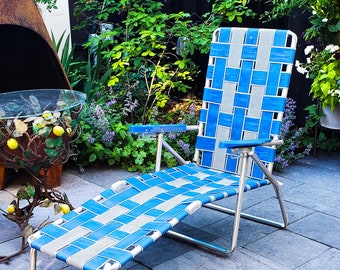 Fabulous 1970's Blue Vintage Chaise Lounge, Lawn Chair, Adjustable Recliner, Patio Furniture, Webbed Seat, Folding Aluminum