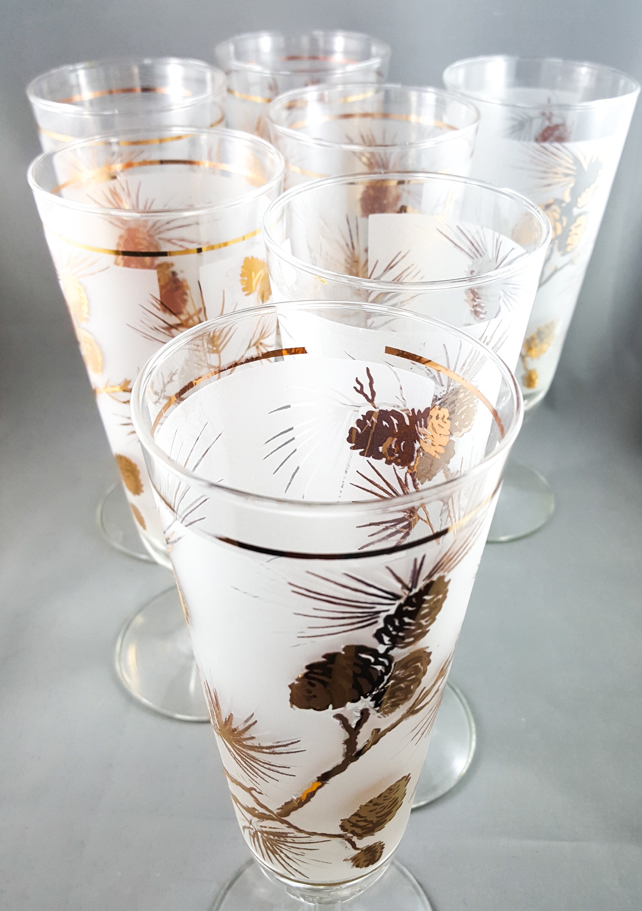 Libbey Frosted Gilt Pilsner Beer Glass Set 8 glasses with Pine Cone Motif