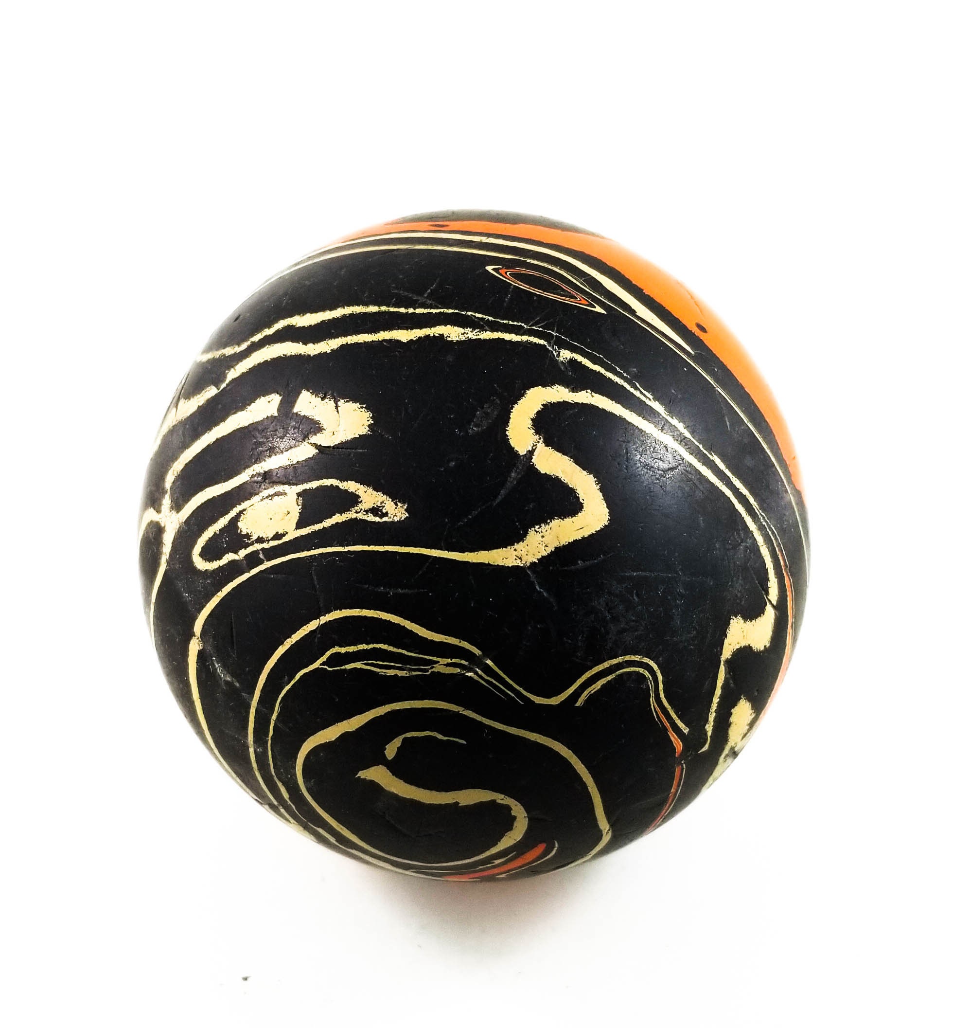 1950's Gorgeous Marbleized 5 pin Bowling Ball in Black and Orange