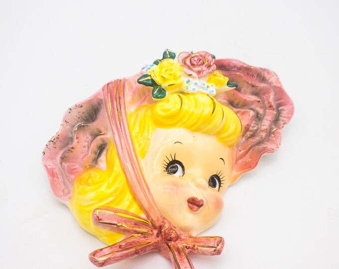 Hand Painted Mid Century Lady Head Wall Pocket with Pink and Gold Gilt speckled Hat