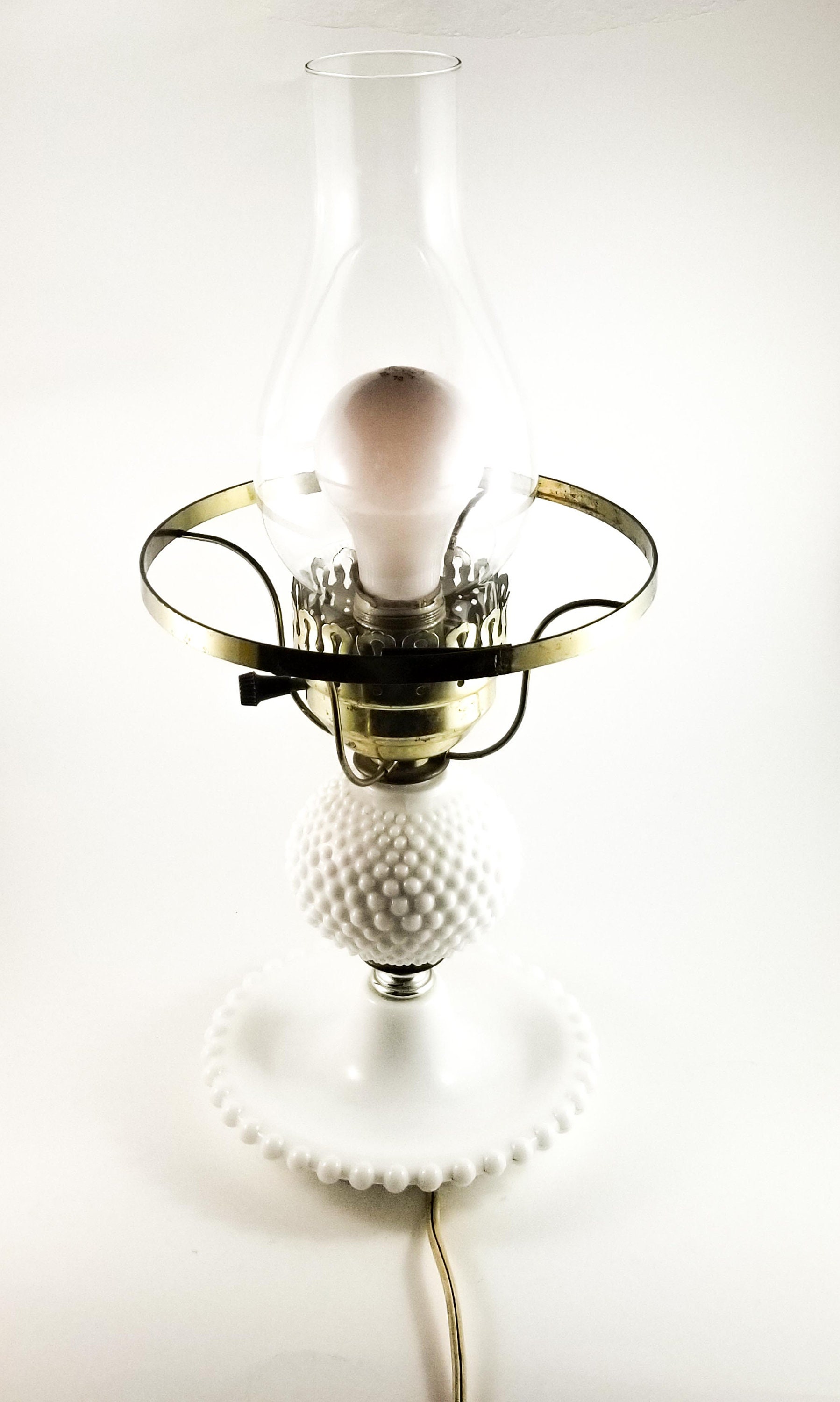 Vintage Milk Glass Hobnail Lamp With Glass Hurricane Chimney, Table