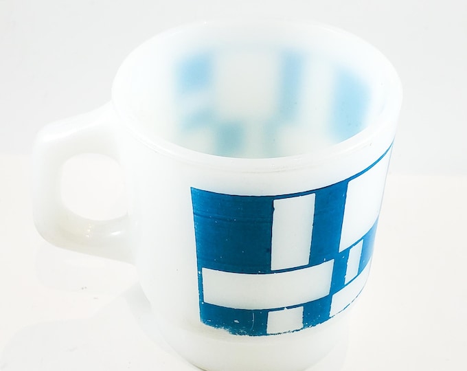 Vintage Blue and White Mondrian like squares Milk Glass 8oz Mug by Anchor Hocking Fireking c1950s