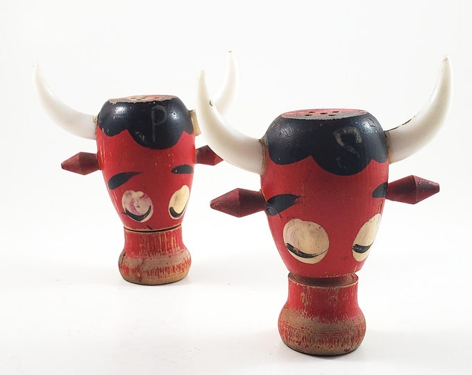 1950s Vintage Red Bull Wooden Salt and Pepper Set