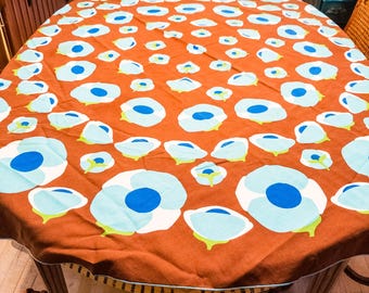 Vintage 1970's Oval Mid-Century Modern Tablecloth in Brilliant Abstract Floral Print  - Brown, Turquoise Blue Green