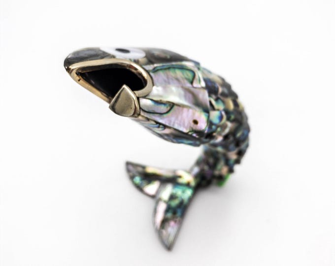Mid Century Abalone Shell Articulated Fish Bottle Opener, Vintage Free Standing Fish, Beach House Decor, Cool Barware