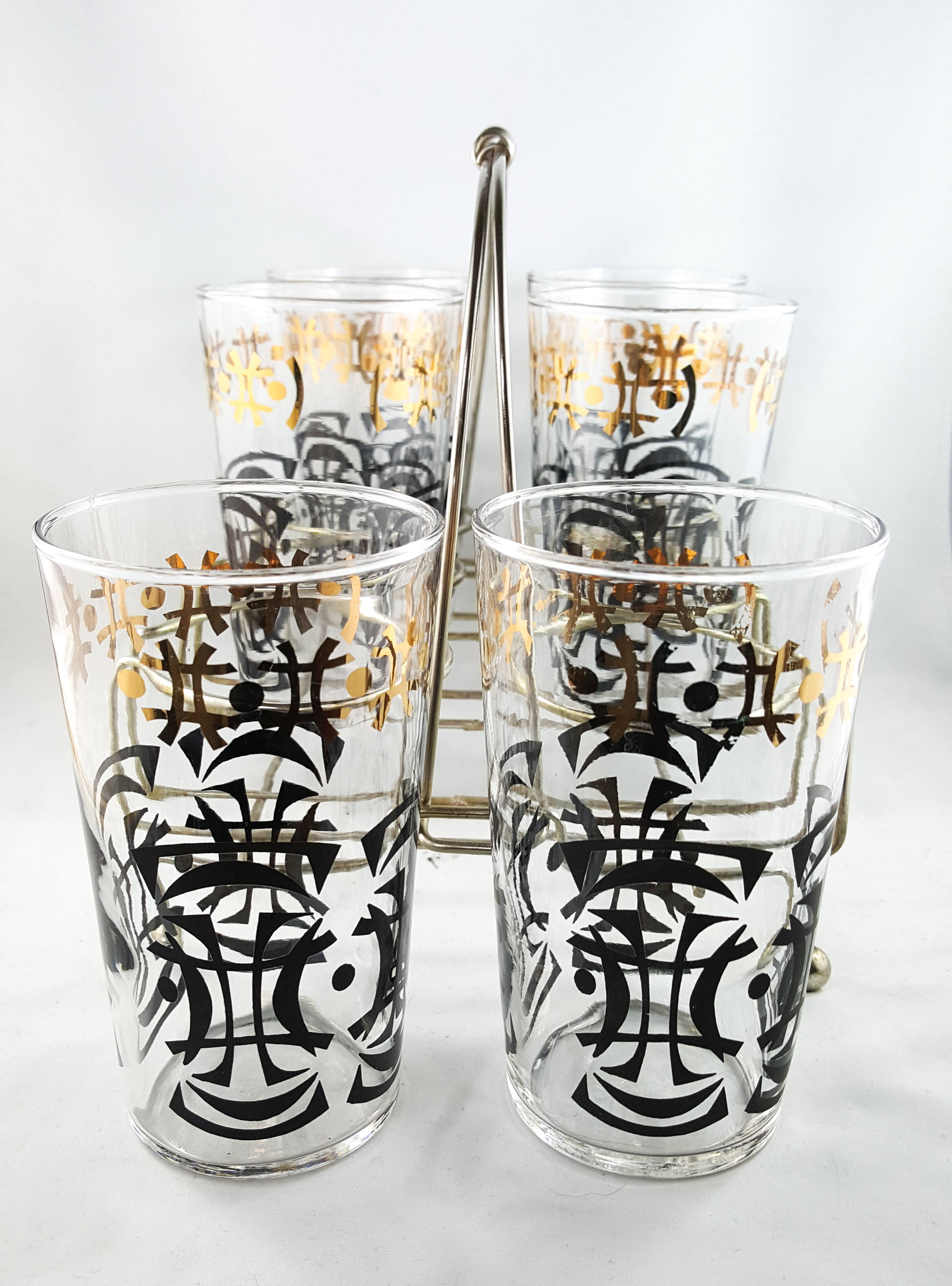 Fabulous Mid Century Modern Highball Bar Glasses 22k Gold and Black in