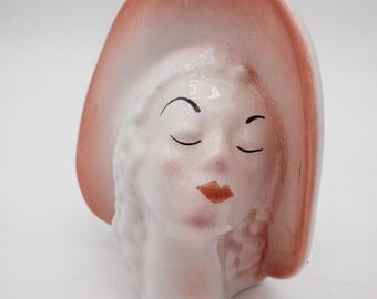 Vintage Mid Century Lady Head Vase in Elegant Pink and White with Hand Painted Facial Features