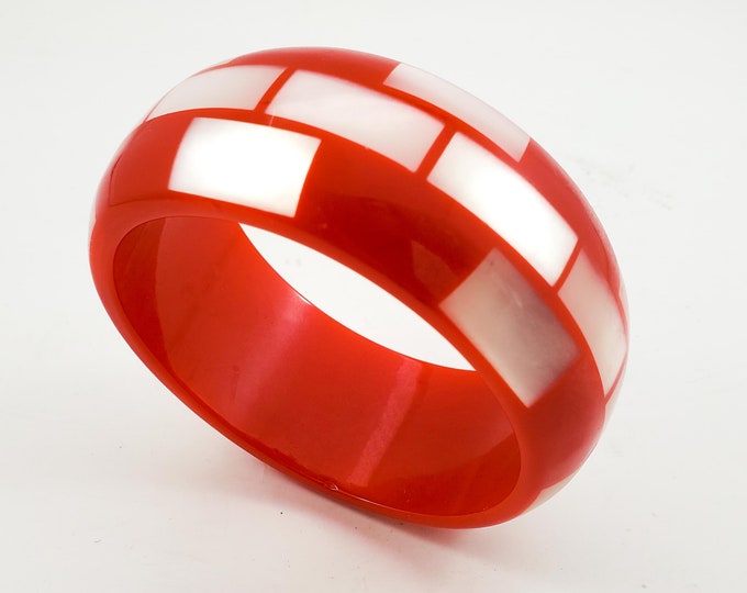 Beautiful Acrylic Red and White Bangle with Iridescent White Tiles